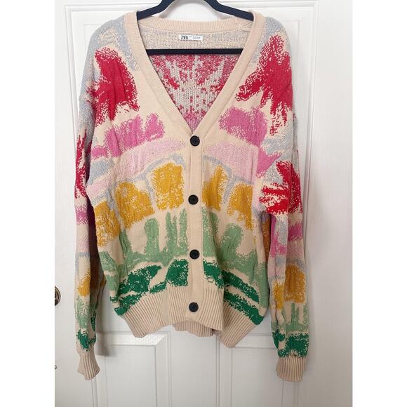 Zara Cardigan Sweater Womens XL Multicolor Abstract Graphic Knit Button Front - Picture 6 of 7